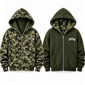 Sudadera con Capucha Reversible con Estampado de Bosque, Chaqueta Casual Verde Oscuro, Sudadera con Logotipo Personalizado, Estilo Urbano, Proveedor B2B - Product Image 3