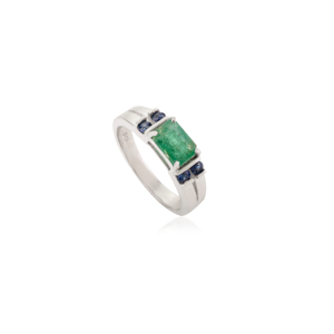 Handcrafted Octagon Emerald & Round Blue Sapphire 925 Sterling <b>Silver</b> Statement Gemstone Band <b>Ring</b> for <b>Man</b> & Women - Product Image 1
