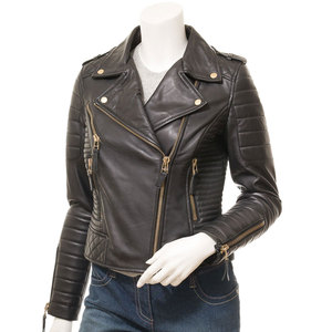 Chaqueta de Motociclista de Cuero Genuino para Mujer, Cuello Alto, Cierre de Cremallera, Manga Larga, Diseño Acolchado, Color Sólido, Ropa de Invierno - Product Image 4
