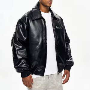 High Quality Custom Black Genuine <b>Leather</b> Bomber <b>Jacket</b> with Stand Collar Embroidery Patches for <b>Men</b> - Product Image 2