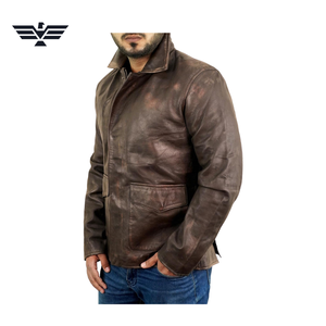 Blouson moto homme en cuir véritable marron, coupe ajustée, respirant, col montant, fermeture éclair, couleur unie, doublure coton, idéal pour l'automne - Product Image 3