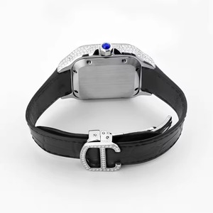 Montre de luxe pour femme en acier inoxydable rectangulaire avec lunette sertie de diamants, bracelet en cuir noir, boucle, mouvement à quartz - Product Image 5