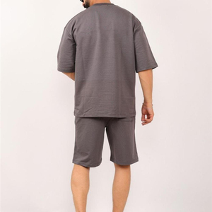 Men's Gray Cotton Crew Neck T-Shirt <b>Set</b> Solid Color Casual Summer <b>Knitted</b> Short Sleeve Tops And Shorts For Men - Product Image 2