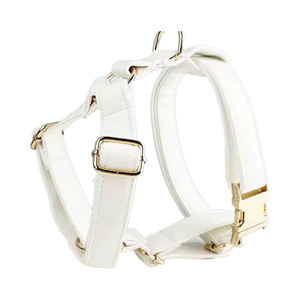 Collier de chien de mariage en similicuir blanc et ensemble de laisse harnais de chien de mariage fermoir en métal gravé arc de mariage de chien personnalisé - Product Image 1