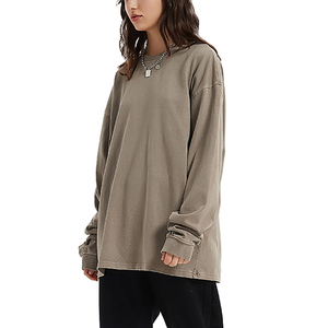 Premium Plain Cotton Acid Wash Boxy Design Mock Neck <b>T</b> Shirt Raglan Long Sleeve Men Casual Tee Custom Logo Wholesale Private - Product Image 4