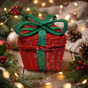 Cesta de regalo hecha a mano de ratán con lazo rojo, forma rectangular, estilo rústico, caja decorativa para el hogar y Navidad. - Product Image 2