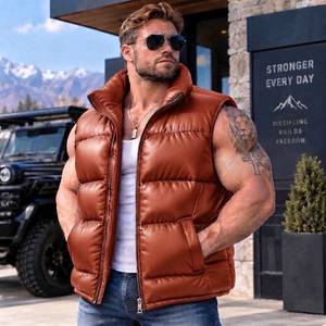 <b>Men's</b> Handmade Real <b>Leather</b> Puffer <b>Vest</b> - Genuine Sheep <b>Leather</b> Sleeveless Jacket - Western Style Winter Gift For Him - Product Image 3
