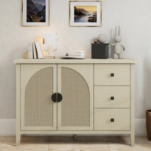 Beige Wood <b>Storage</b> Cabinet with Rattan Doors and Drawers Modern Design Durable Build Perfect for Living Room and Bedroom Decor - Product Image 1