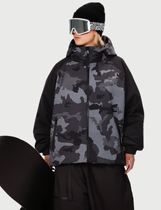 Women <b>Camo</b> Print Ski <b>Jacket</b> Hooded Waterproof Insulated Snowboarding Coat Synthetic Filling Zipper Closure Black Pants Skiwear - Product Image 6