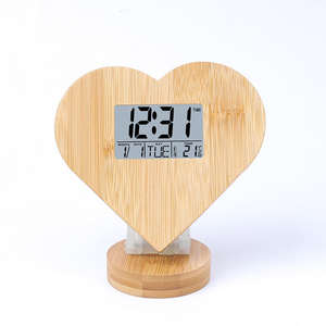 Horloge personnalisée en bois pur en forme de cœur, multifonctionnelle, avec support, horloge numérique de table en bois - Product Image 1