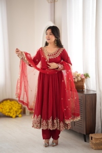 Crush Silk Sequence Embroidery Anarkali <b>Top</b> Suit Set With Stitched Micro Cotton Pant And <b>Net</b> Lace Border For Women HI 1723 - Product Image 4