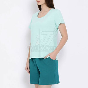 Conjunto de Camiseta y Pantalones Cortos Casuales de Color Sólido para Mujer, 100% Algodón, Transpirable y de Secado Rápido, Alta Calidad, Venta al Por Mayor de Verano - Product Image 3