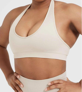 Women's Breathable Beige Sports Bra High Neck Crop <b>Top</b> Seamless Yoga Fitness Workout Wear Solid Color Athletic Bra - Product Image 6