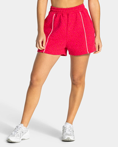 Shorts longs pour femme en tissu French Terry de qualité supérieure, imprimé soie, logo personnalisé, imprimé léopard rouge avec passepoil. - Product Image 5