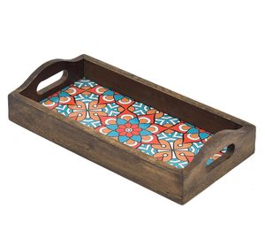 Printed Wooden Serving <b>Tray</b> Handmade Mango Wood Platter with Handles Rectangular Tea <b>Breakfast</b> <b>Tray</b> for Kitchen Dining Table - Product Image 1
