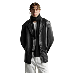 Men's Black Genuine <b>Leather</b> Streetwear <b>Blazer</b> <b>Jacket</b> Notch Lapel Three Button Front Relaxed Fit Premium Custom Fashion Outerwear - Product Image 1