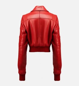 เสื้อแจ็คเก็ตบอมเบอร์หนัง PU สีแดงสำหรับผู้หญิง แขนยาว ปกคอพับ ปิดด้วยซิป ความยาวสั้น สไตล์ฤดูใบไม้ร่วง - Product Image 2