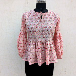 Blusa Peplum de Algodón Estampada a Mano para Mujer al por Mayor, Top Floral Rosa de Manga Larga, Túnica Boho, Top Casual de Moda para Boutique, OEM - Product Image 1