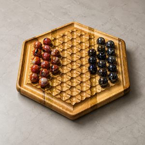 Jeu de société hexagonal en bois avec billes de verre colorées, stratégie moderne pour deux joueurs, design artisanal pour le plaisir - Product Image 1