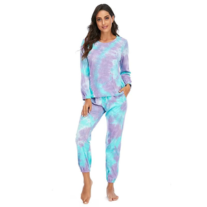 Women <b>Tie</b> <b>Dye</b> Cotton Pajama <b>Set</b> Full Sleeve Crew Neck Loose Fit Two Piece Tracksuit With Drawstring And Side Pockets Spring Wear - Product Image 2