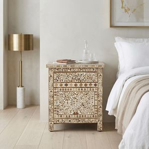 Decorative Bone Inlay Modern Nightstand with Floral Pattern and 1 Drawer Storage <b>Cabinet</b> for Bedroom - Product Image 1