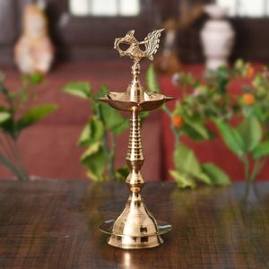 Premium Brass Diya Stand Pair with Decorative Back Pattern, Multi Wick Oil <b>Lamp</b> for Temple Decor, Puja and Festive Lighting - Product Image 1