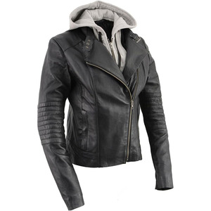 SAMROZ SPORTS Women's Black Premium Leather Motorcycle Biker <b>Racer</b> Style <b>Jacket</b> w/Hoodie - Product Image 1