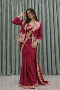 Exclusivo Saree de Seda Crepe con Diseño de Diseñador y Blusa Elegante, Estilo Étnico Moderno, Última Tendencia India, Ropa de Fiesta Modesta para Mujer - Product Image 5