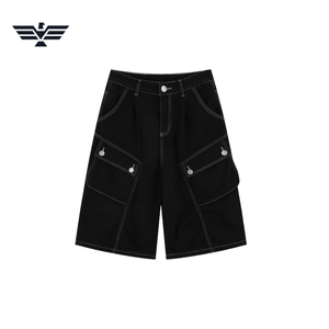 Shorts cargo décontractés en jean noir pour homme, coupe droite, taille basse, poches utilitaires imprimées avec surpiqûres, pour l'été, délavage clair, respirant - Product Image 5