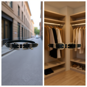 Cintura in vera pelle 2,5 cm x 100 cm con doppia fibbia, design alla moda per donna e uomo - Product Image 2