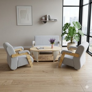Ensemble de fauteuils en tissu gris clair avec structure en bois, meubles de salon minimalistes, design moderne, finition mate écologique - Product Image 2