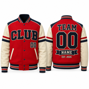 Chaqueta Universitaria Unisex MEGAMAPLE, Roja, para Invierno, con Letras Bordadas y Estampadas, Nombre del Equipo 00, Estilo Preppy, Forro Polar - Product Image 1