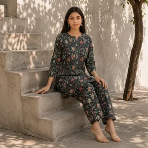 Ensemble pantalon et kurta en coton imprimé floral pour femme, noir, col rond, manches trois quarts, coupe droite, jambes larges, tenue décontractée ethnique - Product Image 5