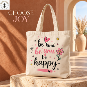 กระเป๋าผ้าแคนวาสธรรมชาติพร้อมงานพิมพ์ลาย Be Kind Be Happy |   กระเป๋าช้อปปิ้งแบบลำลองพร้อมหูหิ้วยาวสำหรับพกพาในชีวิตประจำวันและการเดินทาง - Product Image 2