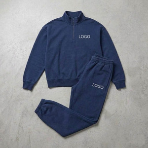 Unisex Navy Blue Quarter-Zip Tracksuit Set Full Sleeve Solid Color Casual Wear Breathable Cotton Sweatshirt <b>Pants</b> Autumn Style - Product Image 1