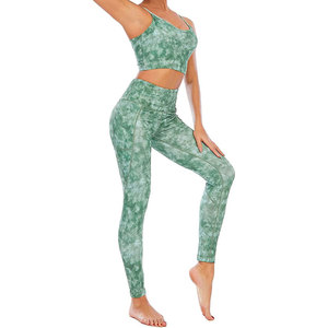 Green Tie Dye Yoga Set High Waist Leggings Crop <b>Top</b> 2 Piece Activewear Full Length Spaghetti Strap Scoop Neck Sportswear - Product Image 1