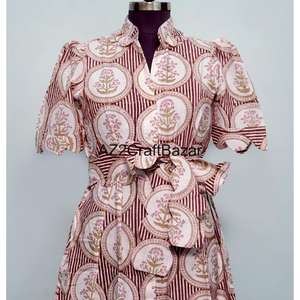 Robe d'été décontractée en coton tricoté, imprimé floral fait main, style doux, col en V, coupe trapèze midi, idéale pour le bureau ou les soirées. - Product Image 4