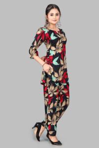 Ensemble coordonné pour femmes à imprimé floral multicolore vibrant, tissu micro respirant, respectueux de l'environnement, col rond, tenue 2 pièces, taille extra large - Product Image 3