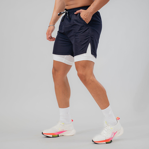 Shorts de sport pour homme bleu foncé 2 en 1, séchage rapide, respirant, coupe-vent, avec cordon de serrage, shorts de sport actifs - Product Image 5