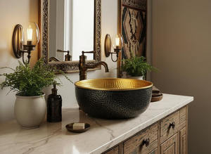 อ่างล้างหน้าทองเหลืองตีลายแบบโมเดิร์น สีดำและสีทอง สไตล์โมร็อกโก สำหรับห้องน้ำ อ่างล้างหน้าแบบวางบนเคาน์เตอร์ อ่างล้างจานในครัว - Product Image 2