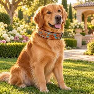 Collar de Cuero Turquesa Hecho a Mano para Perro, Acolchado, Estilo Western, con Grabados Florales |   Arnés Canino Ajustable de Alta Resistencia con Hebilla - Product Image 4