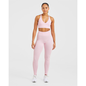Ensemble de leggings et soutien-gorge de sport réversibles de haute qualité pour femmes, couleur rose unie, logo personnalisé, taille plus, vente en gros, équipement de yoga pour femmes - Product Image 5