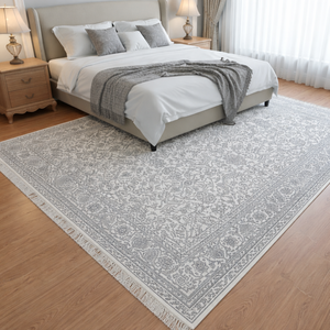 พรมขนสัตว์สีเทาไอวอรี่ลายดอกไม้สไตล์เปอร์เซียถักด้วยมือ ลวดลายพฤกษศาสตร์ประณีตทั่วทั้งผืน ขอบคลาสสิกแบบมีชายครุย - Product Image 2