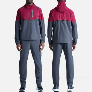 Men's Red Gray Color Blocked Hooded Jacket Tracksuit Elastic Waist Regular Fit Water Resistant Outdoor Wear - Product Image 1