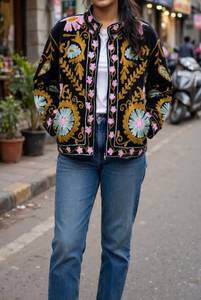 Floral Embroidered <b>Velvet</b> Bomber <b>Jacket</b> <b>Women</b> Mandarin Collar Open Closure Autumn Outerwear Full Sleeve Regular Fit - Product Image 3
