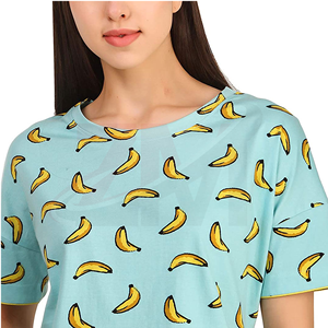 Ensemble de t-shirts à manches courtes pour femmes, imprimé banane, coupe ample, décontracté, en coton tricoté, pyjama, vêtements de printemps et d'été, col rond avec poches - Product Image 3