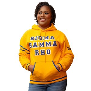 Sweat-shirt à capuche unisexe Sigma Gamma Rho Gold, détails bleus, style streetwear décontracté, confort premium - Product Image 1