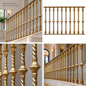 Rampe d'escalier en métal doré sculpté avec balustres torsadés et colliers décoratifs pour grands intérieurs - Product Image 5