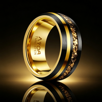 Wolframcarbid-Ring mit Goldblatt- und Meteoriteneinlage, gebürstete Kante, Komfort-Herren-Ehering, Verlobungs- und Versprechensschmuck