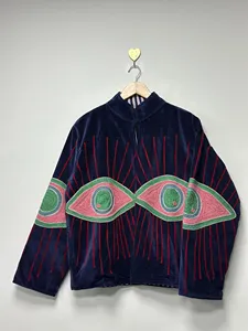Veste courte d'hiver pour femme, style bohème, en velours, brodée Suzani, motif œil porte-bonheur, col montant, faite main, tendance - Product Image 3